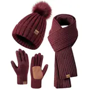 Winter Beanie Hat Scarf Gloves Set for Women, Womens Beanie with Pom Pom Long Scarf Neck Warmer Touchscreen Gloves 3 in 1 Set Walkbee Deep red