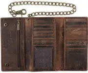 RFID Blocking Mens Tri-fold Long Style Cowhide Leather Steel Chain Wallet,buf...
