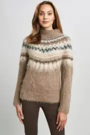 sz XS NWT TAHARI Sweater Pullover Fairisle Mockneck womens Stone Tan Brown Wool