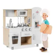 Giantex Kids Wooden Pretend Cooking Playset w/ Open Shelf & Large Cabinets Kitchen Play Toy Children Kitchen Accessories Set w/Light & Sound White