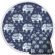 Blue Indian Elephant Pattern Round Beach Towel