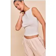 Cream Textured Boat Neck Sleeveless Top, Cream