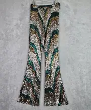Nasty Gal Sequin Pants Sz 0 Gold High Waist Fit n Flare Wave Print Funky Retro