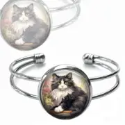 Tuxedo Cat On Books Cuff Bracelet Vintage Watercolor Bibliophile Lover Gift