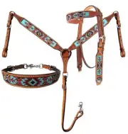 Showman Argentina Leather Headstall breast collar 3 piece set with aztec inlay