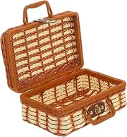 POPETPOP Wicker Picnic Basket Suitcase Vintage Storage Hamper Makeup Organizer Simulated Rattan Storage Box with Handles for Travel Camping Outdoor Party and Home Organization