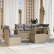 Garden Sofa Set with Cushions, Outdoor Furniture, Wicker Patio Chairs, Table, Small Balcony Set, 6 Piece Rattan Conversation - Beige