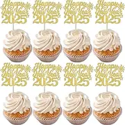 SYKYCTCY 24 Pack Happy New Year 2025 Cupcake Toppers Glitter Cheers to 2025 Cupcake Decorations hello 2025 Cupcake Picks for Happy New Year 2025 Eva Holiday Party Supplies Gold(Style-01)