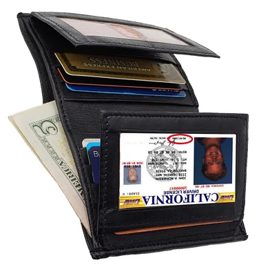 Leather Bifold Mens Hipster Wallet Credit Cards 2 Flap Front Pocket European