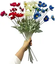 Poppy Flowers Artificial,Poppy Silk Flowers with Stems，Ranunculus Artificial Flowers，Faux Flower Stems for Wedding,Party, Outdoor Indoor Decor flower arrangements for table (9, Red White Blue)