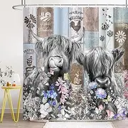 BIYSUC Farmhouse Cow Shower Curtain Rustic Funny Highland Cattle Wildflower Windmill Farm Wildlife Animal Wooden Board Country Bathroom Decor Waterproof Polyester Fabric 72Lx72W Inch with Hooks