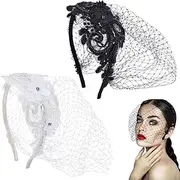 [PLIGREAT] 2 Pack Bridal Wedding Fascinator Veil, Mesh Veil Headband with Rhinestone for Women Wedding Party, Black and White, Black,white