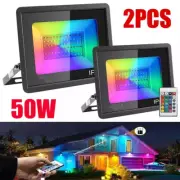 2X 50W LED Flood Light RGB Colour Change Floodlight Outdoor Security Garden Lamp