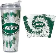 Rico Industries NFL Football New York Jets Metallic Tie Dye 24oz Metallic Acrylic Tumbler with Hinged Lid, Officially Licensed Double Wall Tumbler with Straw