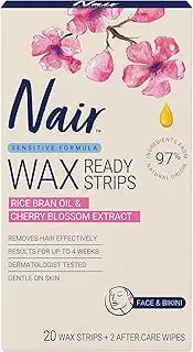 Nair Sensitive Mini Hair Remover Wax Strips – For Sensitive Skin, Face and Bikini Area – No Need to Rub, Ready to Use – Natural Derived Formula - 20 Wax Strips 2 after Care Wipes
