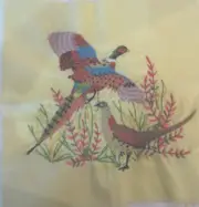 Pheasants Birds Hand Crafted Crewel Needlepoint Picture Pillow Topper Unframed