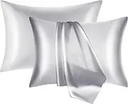 NOLRDR Mulberry Silk Pillowcase 2 Pack for Hair and Skin with Hidden Zipper,Both Sides 19 Momme Smooth and Breathable Silk Pillow Cases Set of 2 (Silver, Standard 20''×26'')