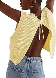 [Cioatin] Women Y2K Backless Tie Up Knit Crop Sweater Vest Sleeveless Round Neck Split Open Back Pullover Summer Tank Tops