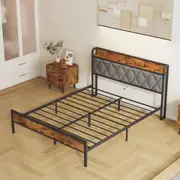 Advwin Bed Frame Double Size with Charging Station and USB Ports Storage Tufted Headboard Shelf Metal Bed Base