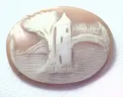 NOS Antique Hand Carved Oval Shell CAMEO Stone House & Tree Scene #N451