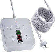 2500W Powerboard USB, 10in1 Power Strip USB C, Power Board Surge Protector With 4-Outlets, 2.9M Power Extension Cord with 4-USB & 1-USBC 2500W Surge Protection, Wall Mountable, for Home Office (White)