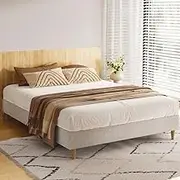 Artiss Double Bed Frame Platform Wooden Base Beds with Storage Bedroom Room Decor Home Furniture, Upholstered with Faux Linen Fabric + Foam + Wood, Modern Design Beige