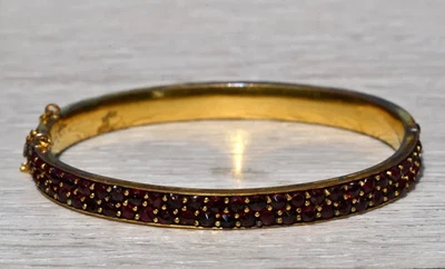 Ladies Antique Bohemian Garnet 18K Yellow Gold Over Bangle Bracelet with Chain