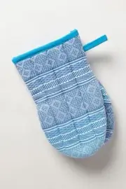 Anthropologie Oven Mitt PLEATED JACQUARD Aqua Navy Stripe Quilted Potholder NWT