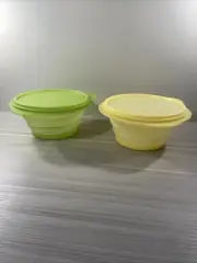 Tupperware Flat Out Collapsible Container Set of 2 Yellow Green Seals 3 Cup New!