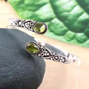 925 Sterling Silver Rose Cut Green Peridot Gemstone Jewelry Cuff Bracelet