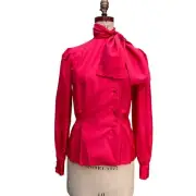 Anne Klein Womens Blouse Red Long Sleeves Tie High Neck Button Front 4 NWT