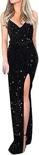 [Generic] Women's Velvet V Neck Split Long Dresses - Sequin Sexy Sleeveless Slit Club Party Dress - Women Sequins Prom Maxi Sleeveless Plain Backless Glitter Black Long Dress Fashion Party Club Wedding