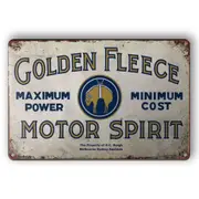 2x Tin Sign Golden Fleece Motor Spirit Max Power Min Cost Rustic Decorative