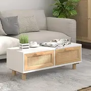 White Coffee Table 80x40x30 cm, Engineered Wood with Solid Pinewood Legs and Rattan Weave Drawers, Elegant and Functional Living Room Furniture
