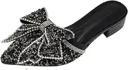 [LVOMU] Women's Bow Rhinestone Glitter Low Heels Mules Fashion Closed Pointed Toe Backless Slip on Comfortable Block Heel Pumps Sandals for Party Prom Date Wedding Dressy Slides