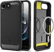 SPIGEN Rugged Armor MagFit for iPhone 16e Case, Compatible with MagSafe Magnetic Ring, Air Cushion Protection Carbon Fiber Design Raised Edge Non-Slip Grip Cover - Black