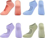 [WOLNOS] Women Non Slip Grip Ankle Socks with Anti-Skid Soles Cushioned for Yoga, Pilates, Barre, Ballet, Hospital, Home, Walking
