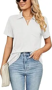[SHEKINI] Women's Polo Shirt Short Sleeve V-Neck Turn-Down Collar Blouse Top Tunic Golf Polo Shirt Elegant Blouse Summer Loose Blouse Shirt with Pockets Casual Blouses