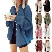Women Fall Knit Shacket Jackets Stand Collar Button Up Loose Blouse with Pockets