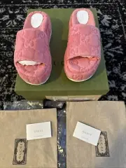 Gucci Angelina GG Sponge Pink Monoriccio Platform Sandals Shoes Sz 38