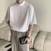 Elbow-Sleeve Mock Neck Plain T-Shirt White - M