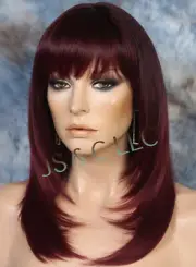 Human hair blend Full Wig Layered Straight bang Heat OK1B-Burgundy PL