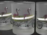 4 Culver Flamingos Tandem Bike Double Old Fashioned Frosted Glasses