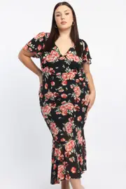 Red Floral Maxi Dress Short Sleeve Chiffon Ruffle