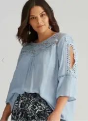 Autograph Top Tunic Shirt Blouse Plus Size 22 Blue Lace 3/4 Sleeve Viscose RP$80