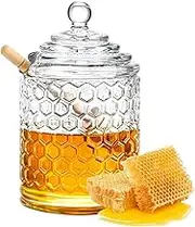 Yuedefly Honey Jar with Dipper and Lid, Clear Crystal Honey Pot with Dispenser, Glass Honey and Syrup Container for Home Kitchen