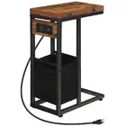 C Shaped Side Table with Charging Station, Foldable End Rustic Brown + Black
