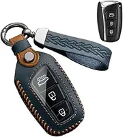 ontto Leather Car Key fob Cover fit for Hyundai Grand Santa Fe IX35 IX45 Genesis Equus Azera 2013-2018 3/4 Buttons Key case Keychain Keyring Accessories Key Bag Key Holder Key Shell Protector Blue A