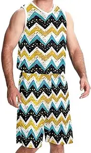 [KQNZT] Basketball Jerseys Shorts Sport Set, Custom Basketball Jersey, Mens Basketball Jerseys, Modern Blue Gold Wave Geometric Stripes