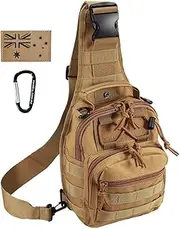 Hagell Tactical Sling Backpack - Men's Khaki Small Military Tactical Utility Sling Backpack with 4 Compartments, 7 Pockets, MOLLE Webbing, Reinforced Zippers, Ergonomic Handles